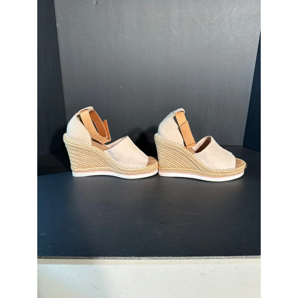 TOMS Monica Cream Suede Espadrille Wedge Sandals Tan Ankle Strap Womens 6